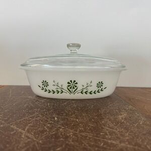 Vintage Glasbake Green Floral Milk Glass Oval Casserole Baking‎ Dish w/ Lid